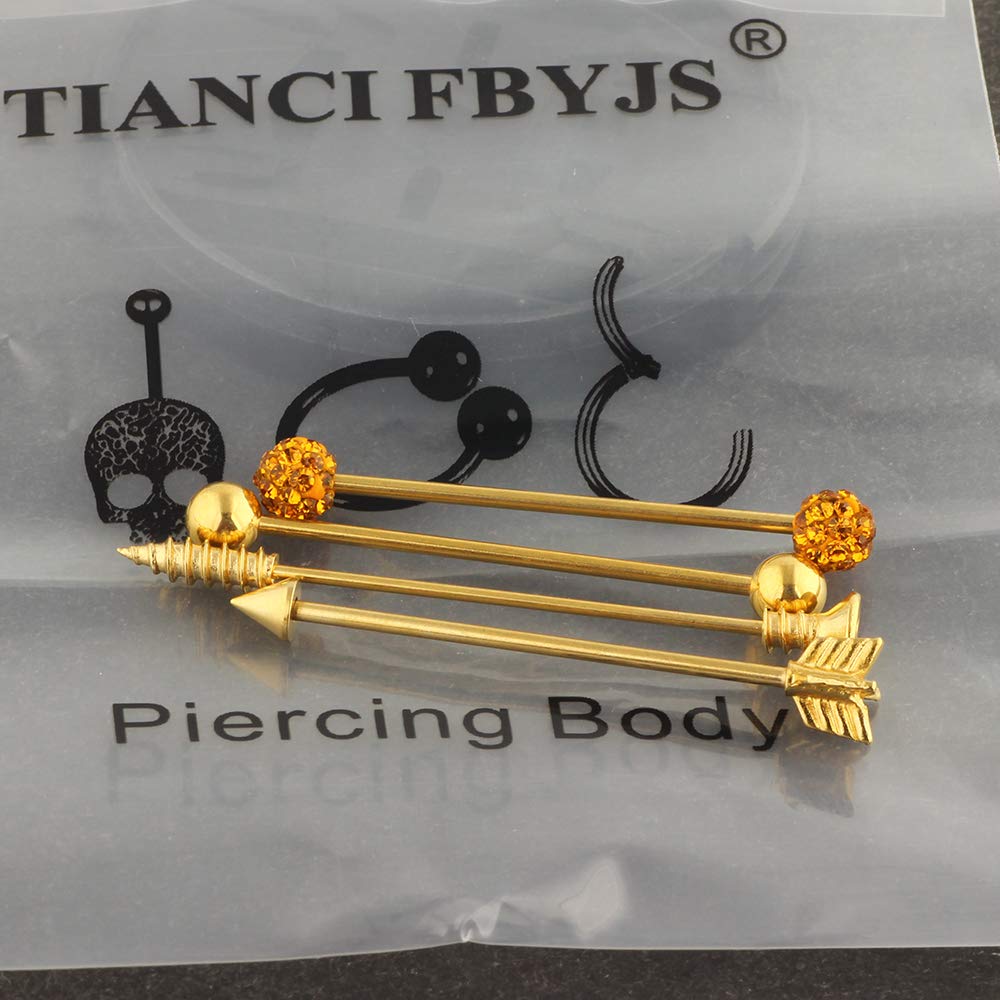 TIANCI FBYJS 9-16pcs 14G Industrial Piercing Stainless Steel Industrial Earrings Barbell with Chain Dangle for Women Men Cartilage Stud Industrial Piercing Jewelry 1 1/2 Inch 38mm: 4pcs Gold Color