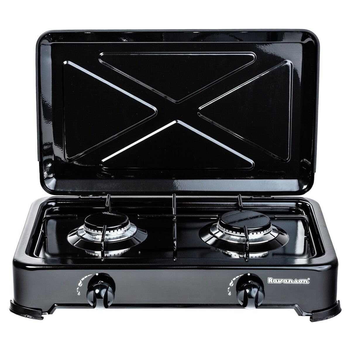 Piano Cottura A Gas Ravanson K-02TB - 2 Fuochi, Nero, Da Appoggio - Ideale Per Cucine Piccole O Camper