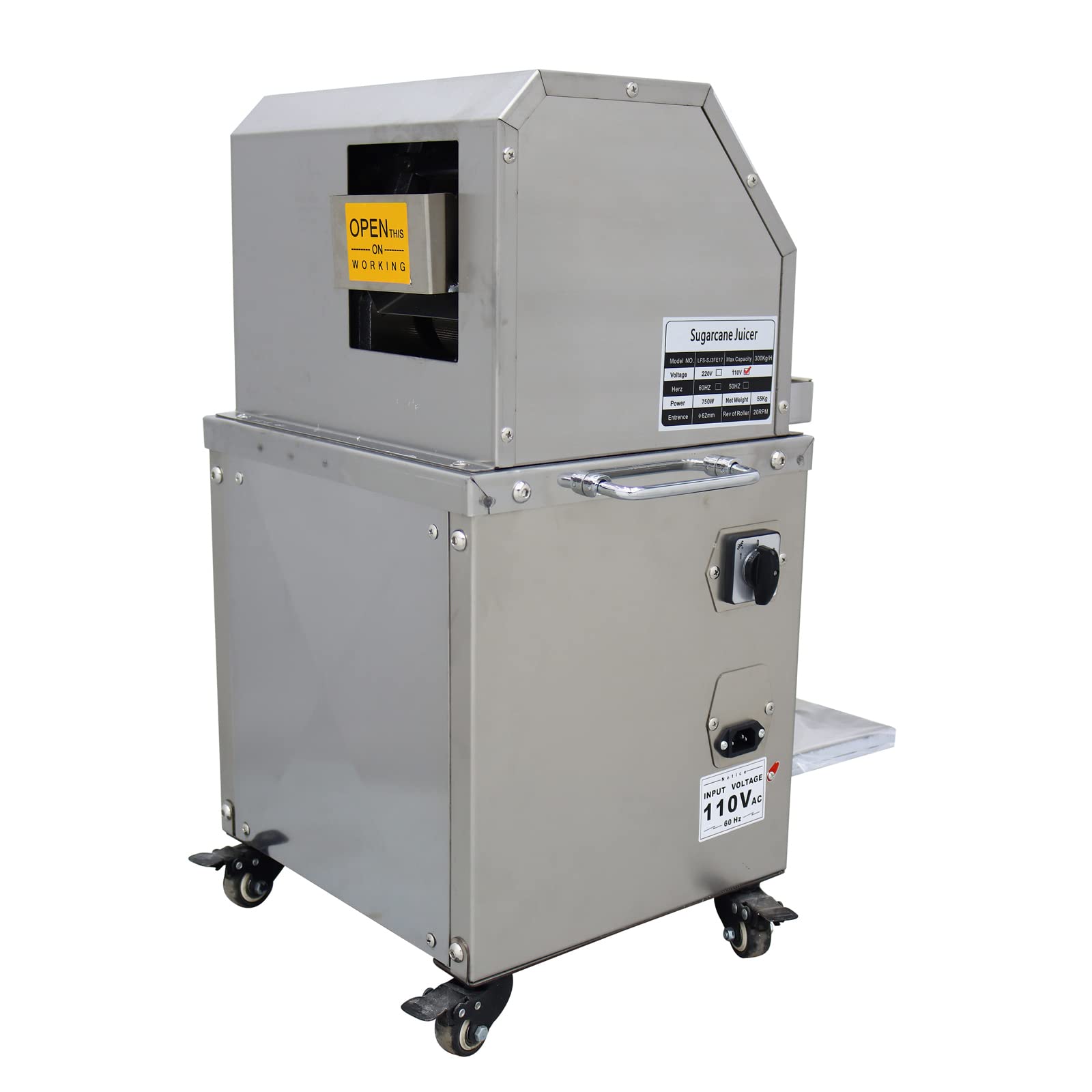 TECHTONGDA Commercial Electric Sugar Cane Juicer, Sugarcane Press, 3 Rollers 304 Stainless Steel Sugarcane Juicing Extractor, Sweet Sorghum Press Machine with Water Injection Cleaning Hole, 110V 750W