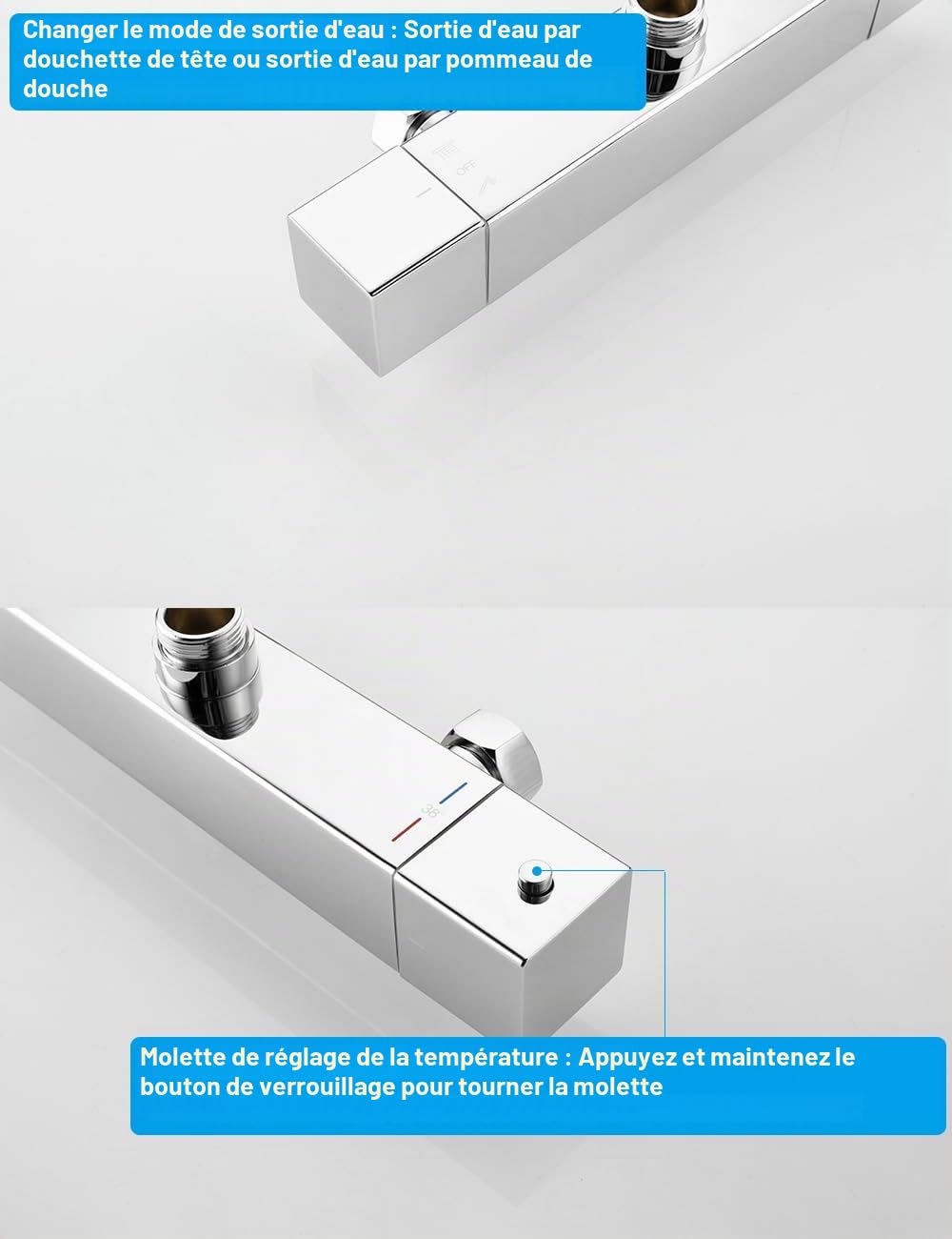 Colonne de Douche Thermostatique avec Mitigeur, Ensemble de Douche | Carrée Système de Douche avec Pommeau de Douche | ABS Douche à Main | Réglable en Hauteur | Chromé