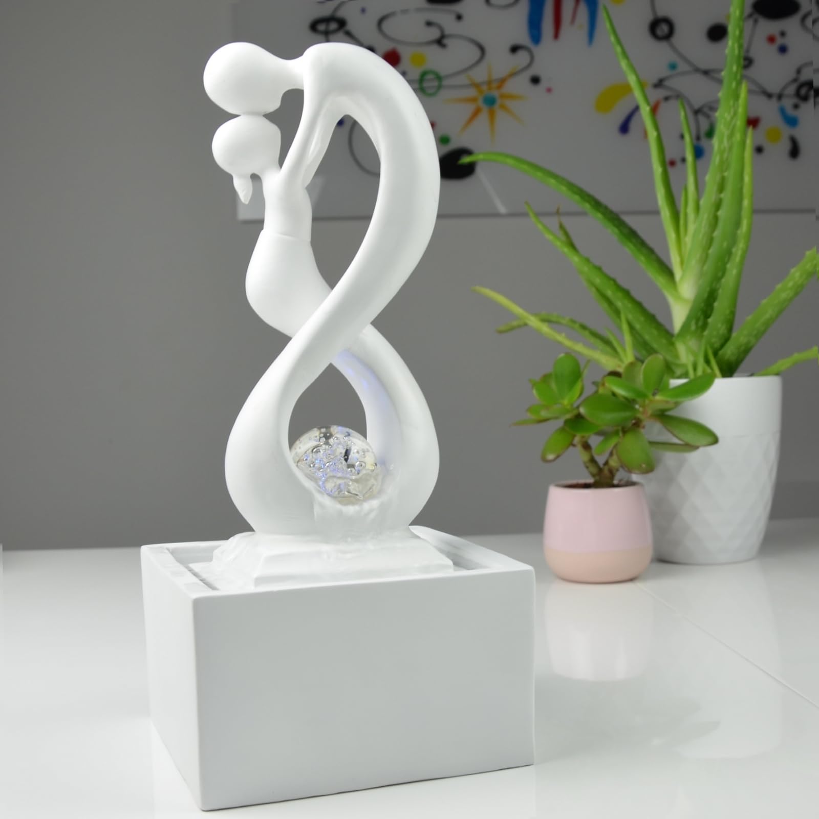 Zen'Light - Moderner Zimmerbrunnen Amor Weiß mit Farbigem LED-Licht - Zeitgenössische Innendekoration, Ideal für Meditation und Entspannung - Geschlossener Kreislauf mit Rotierender Kugel - 31x14x14cm