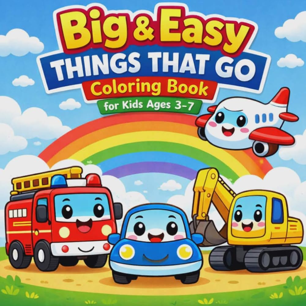 Big & Easy Things That Go Coloring Book for Kids Ages 3–7: Cars, Trucks, Planes & Construction Vehicles | Simple Bold Designs for Toddlers