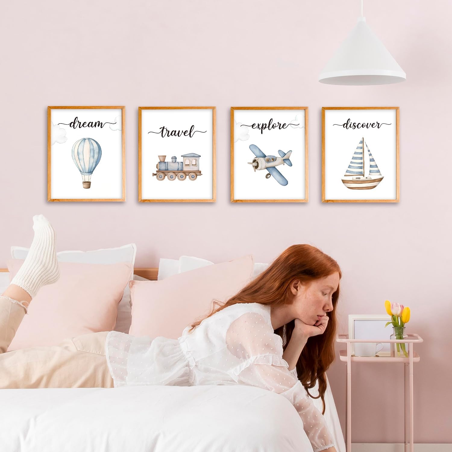 VIIJJUE Boy Nursery Wall Decor, Blue Ship Hot Air Balloon Airplane Train Wall Art Prints Set of 4, Watercolor Transportation Wall Art for Nursery Toddlers Boys Room Playroom, 8x10 Inches Unframed image 4