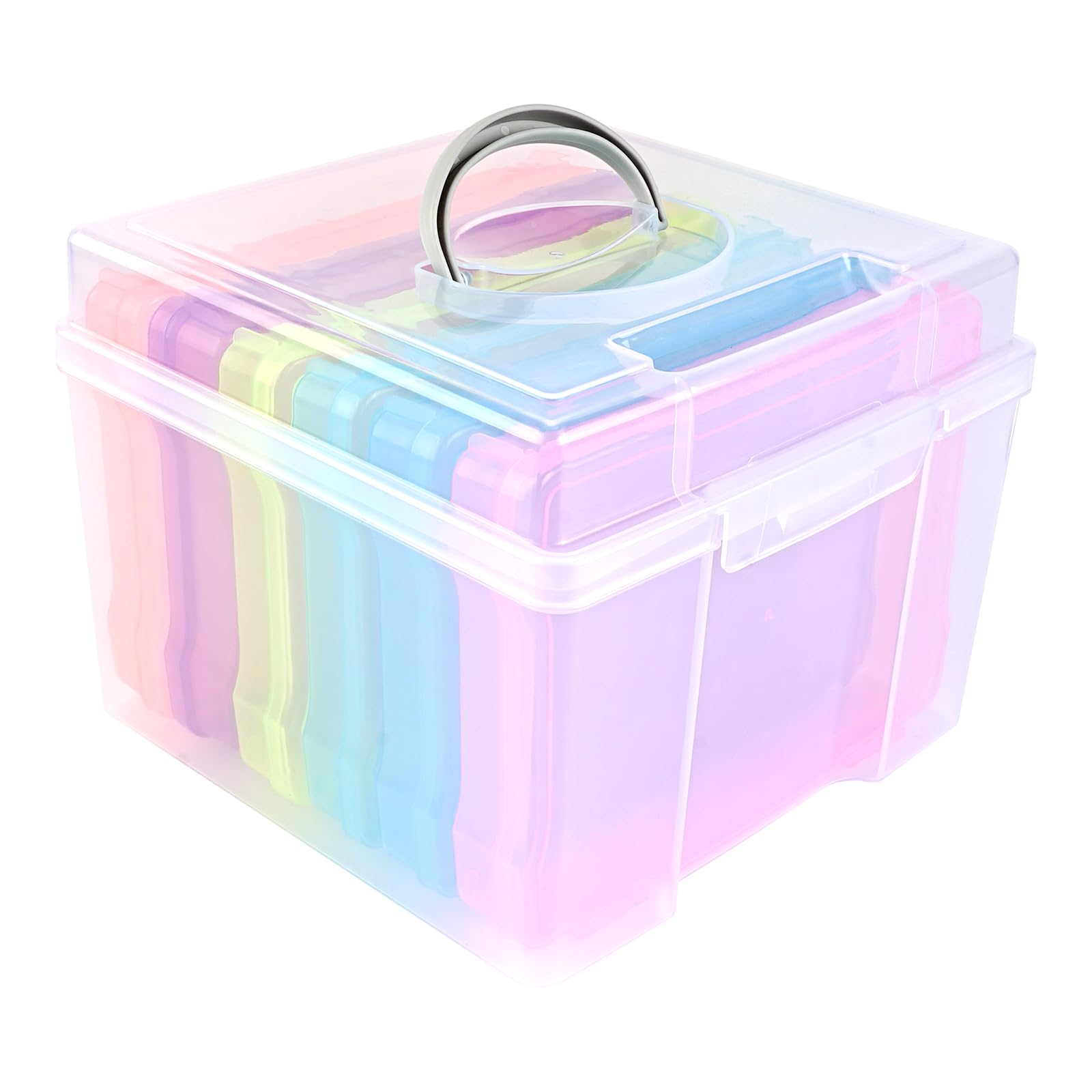 KissDate Photo Storage Box with Handle 5x7 5R Photo Case, 6 Colorful Inner Photo Keeper, Clear Photo Boxes Storage, Seed Organiser, Craft Storage Box for Cards Pictures Stamps Office Supplies