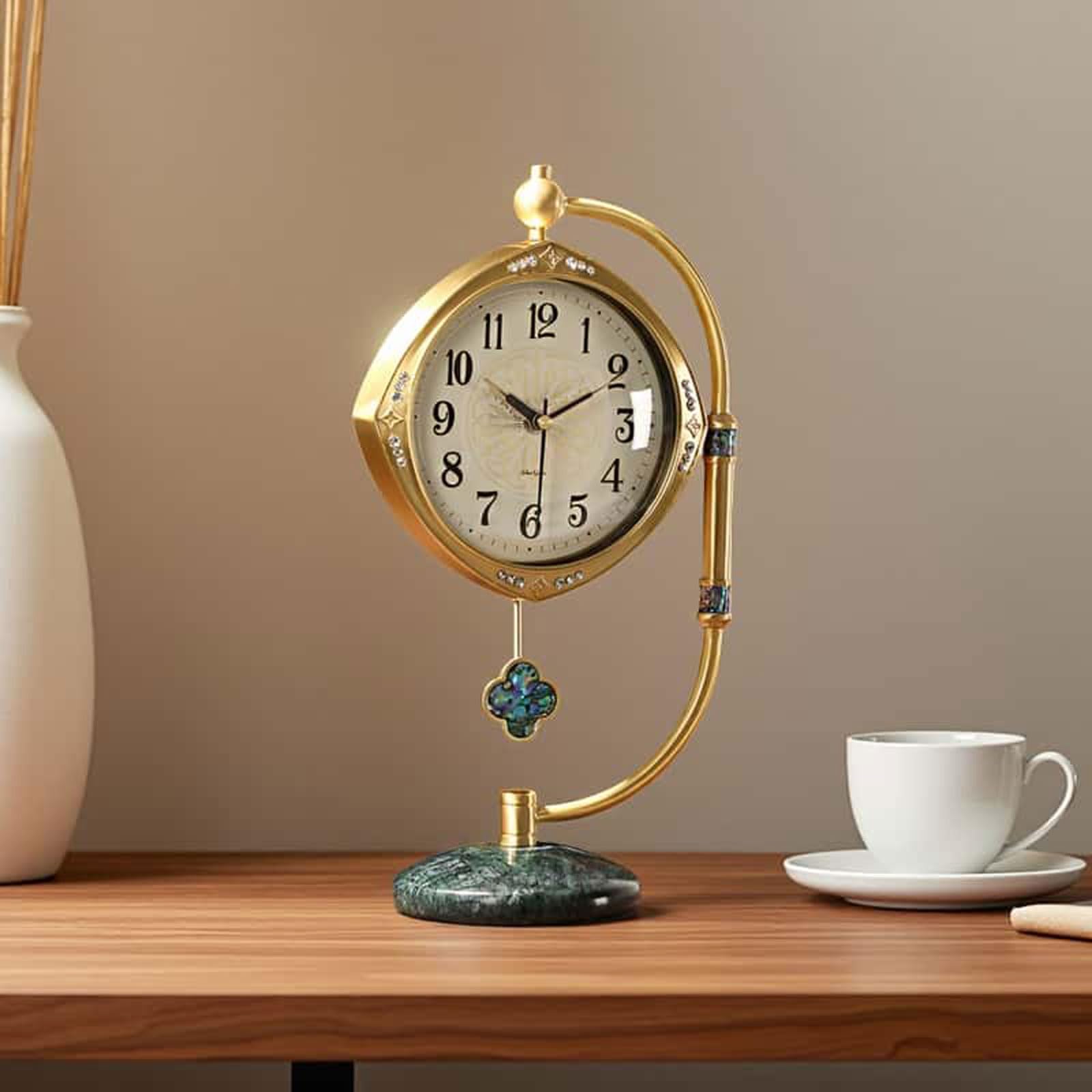 Luxuriöse Kaminuhr aus Messing - Leise Tischuhr mit Marmorsockel & Perlmutt-Inlay, Vintage Mechanisches Uhrwerk, Elegante Wohnkultur für Wohnzimmer
