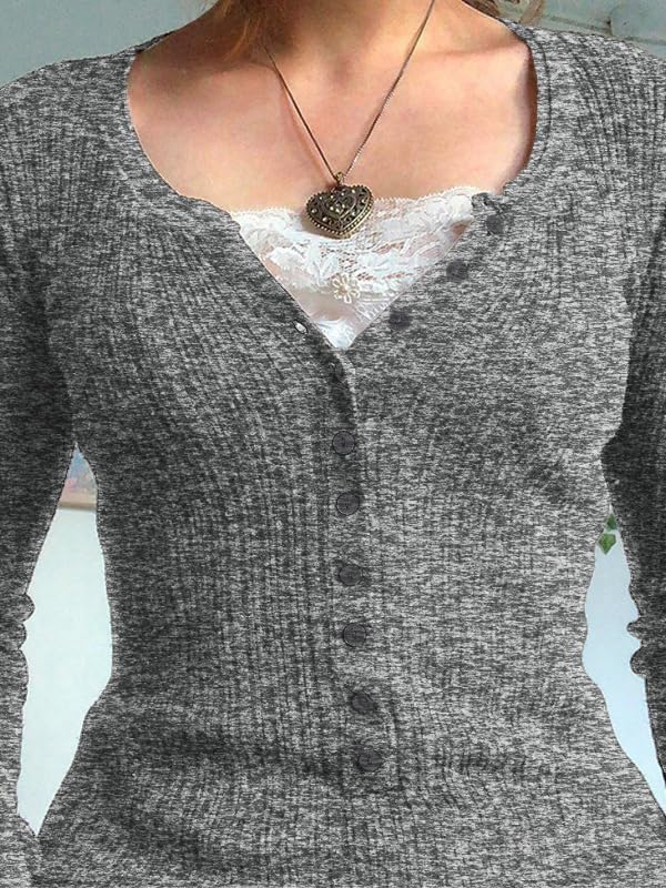 EMMIOL Long Sleeve Henley Shirts for Womens - V Neck Button Ribbed Knit Tops Slim Fit Casual Trendy Lace Tunics Blouse - Image 3