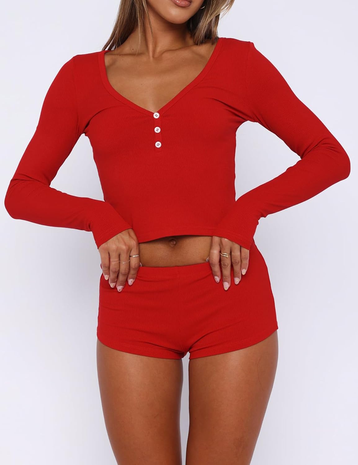 Womens 2 Piece Y2K Pajamas Set Long Sleeve Cropped Top Button Down V Neck Slim Fitted Shorts PJs Outfits Lounge Sets - Image 4