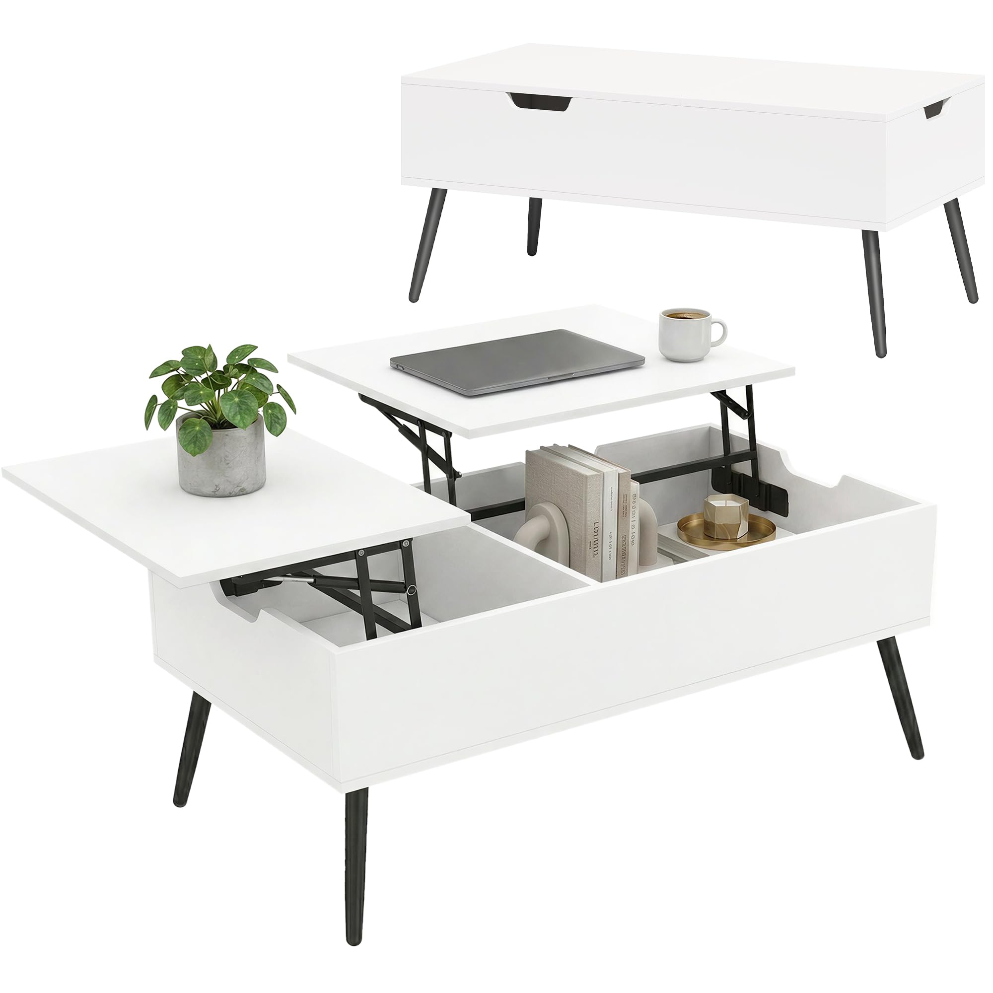 HOMCOM Tavolino da Caffè Sollevabile Salotto 100x50x43.6-58 cm Bianco | Doppio Piano, Vano Nascosto, Gambe in Metallo, Soggiorno Casa Ufficio