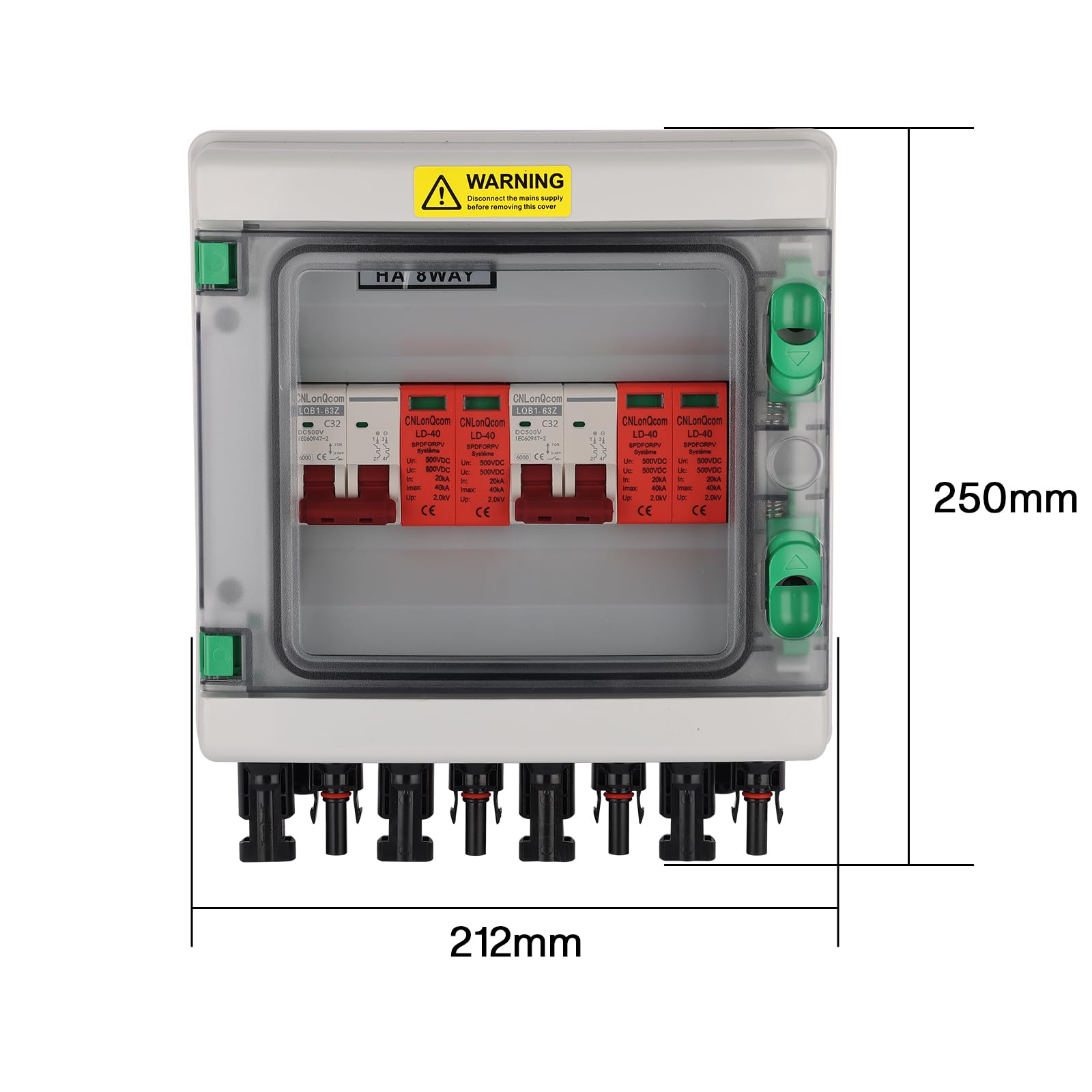 Protezione da sovratensione pv - 500V MCB+SPD scatola di collegamento solare, protezione da fulmini dc interruttore di sezionamento pv impianto 2 string 2 in 2 out, DC Combiner box interruttore