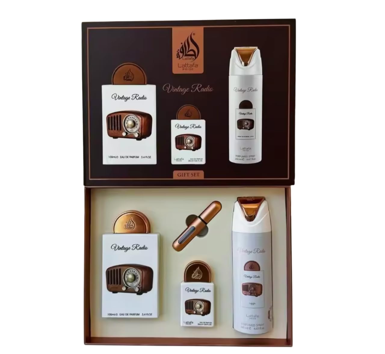 Vintage Radio Gift Set Lattafa, EDP 100ml + Mini Perfume 20ml + Desodorante 200ml + Atomizador Recargable – Fragancia Árabe Unisex Amaderada con Lavanda, Bergamota y Sándalo (Vintage Radio Gift Set)