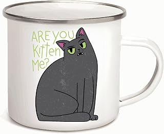 Funny Gift for Pet Lovers Sassy Black Kitten Saying Are You Kitten Me 12oz Enamel Silver Mug
