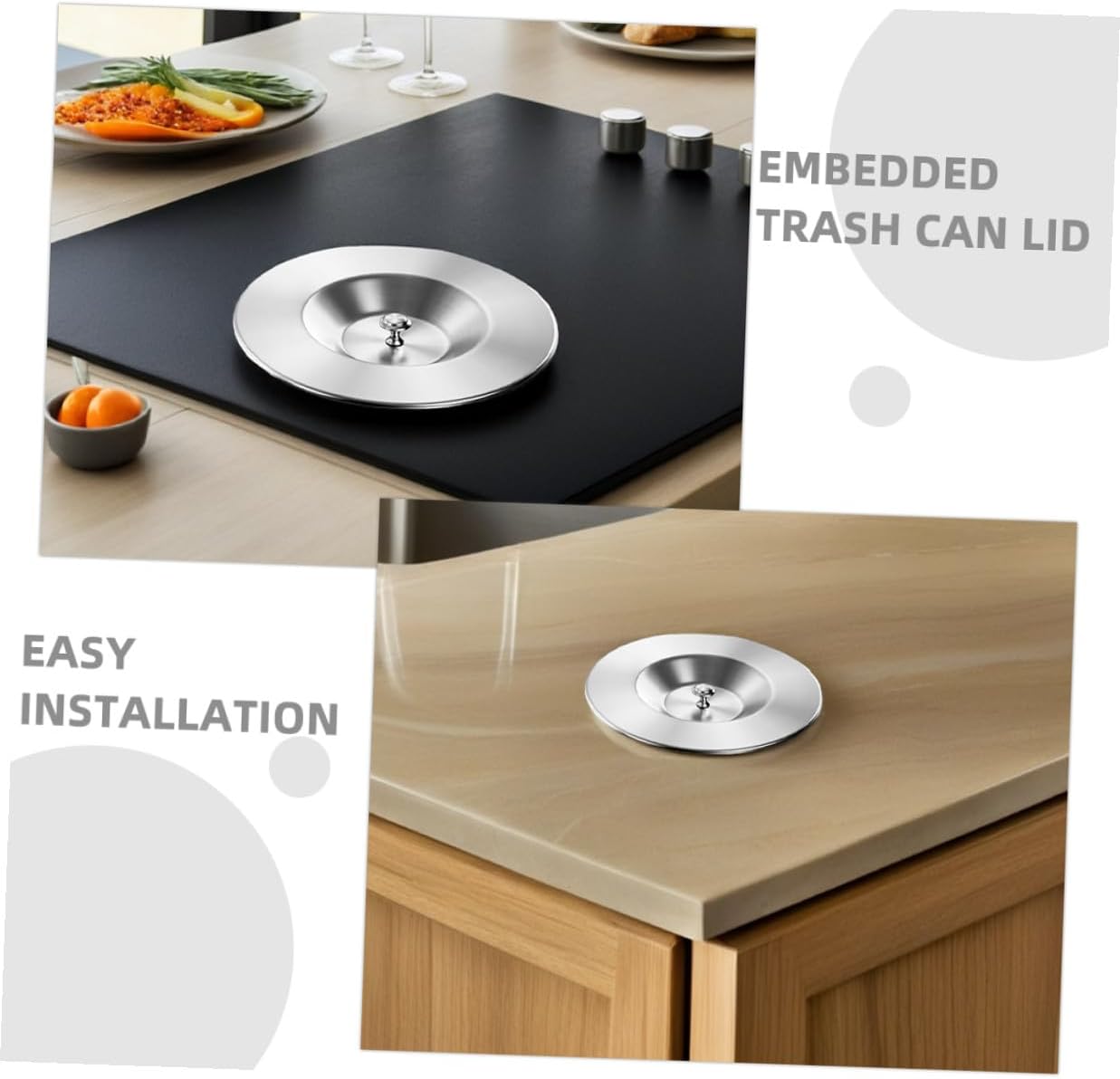 Milisten Stainless Steel round Trash Can Lid with Grommet, 304 Embedded Countertop Waste Container Cover, Recessed Garbage Bin Lid for Kitchen Sink and Office Use,