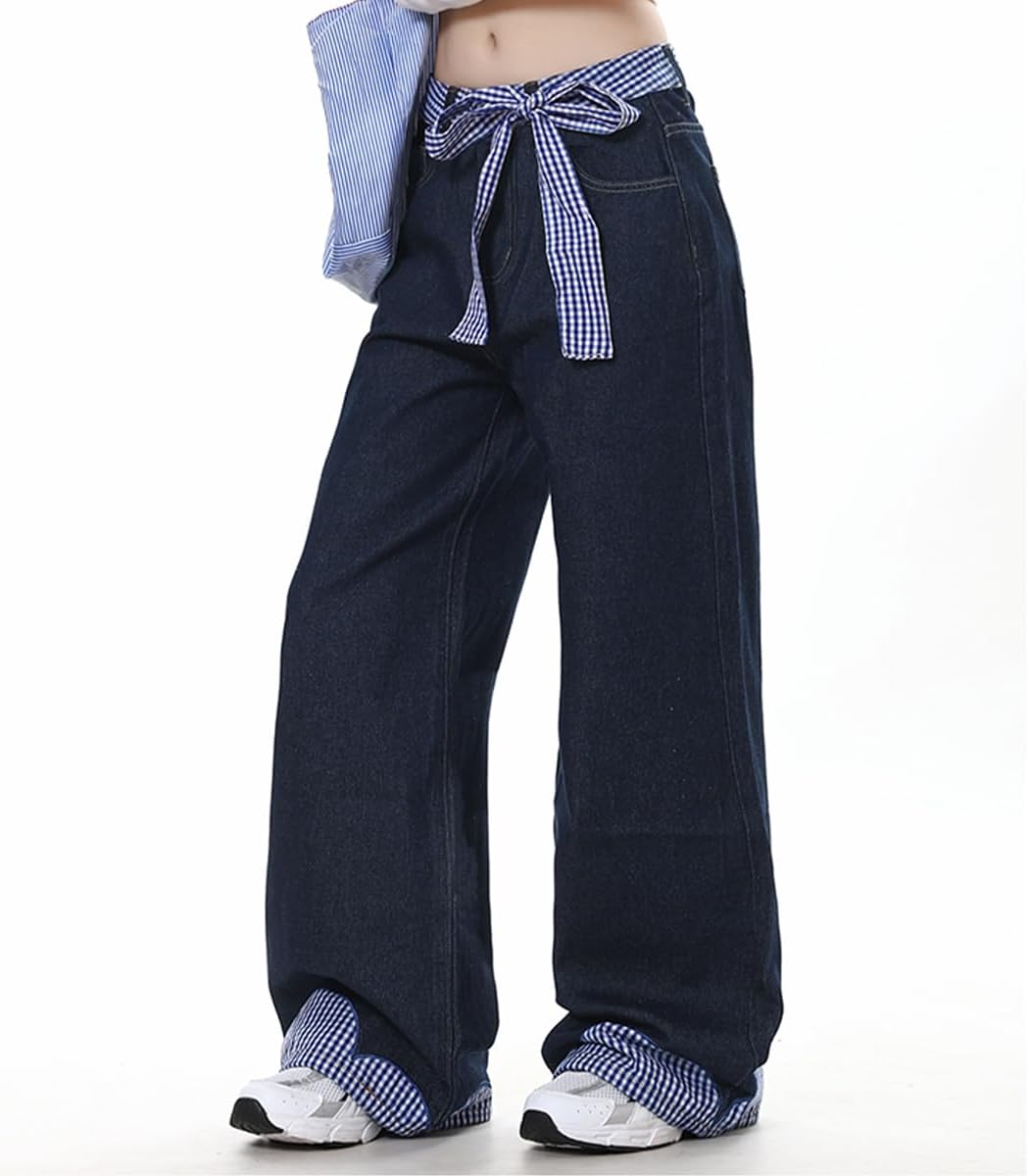 Fashion High Waisted Straight Leg Jeans Y2K Casual Cute Plaid Bow Tie Drawstring Patchwork Denim Pants - Image 7