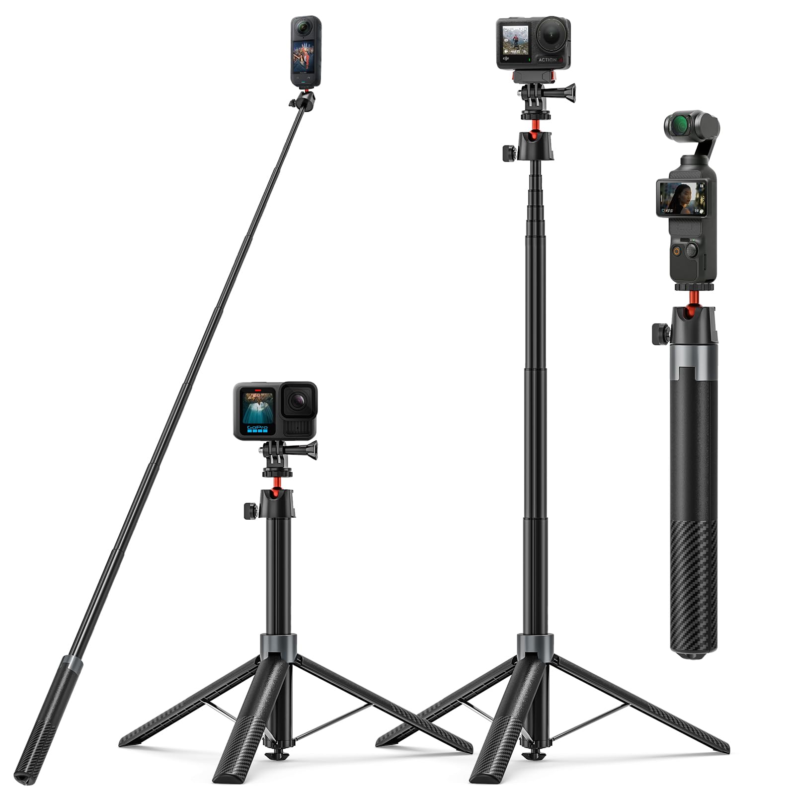 Bastone Selfie Treppiede 170cm per DJI Osmo Pocket 4 3 DJI Action 5 Pro/4 Insta 360 X5 X4 GoPro Hero 13/12/11/10 Black, Selfie Stick Treppiede da Viaggio/Supporto/Accessori 2-in-1 per Action Cam