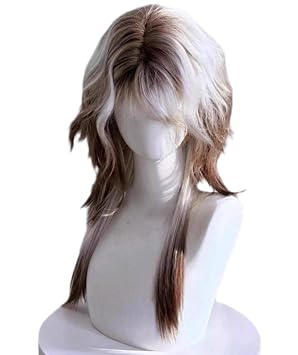 Silver Brown Gradient Mullet Wolf Cut Wig for Men, Full Cap Synthetic Hairpiece with Wolf Tail for Anime Conventions, Party, Street Style