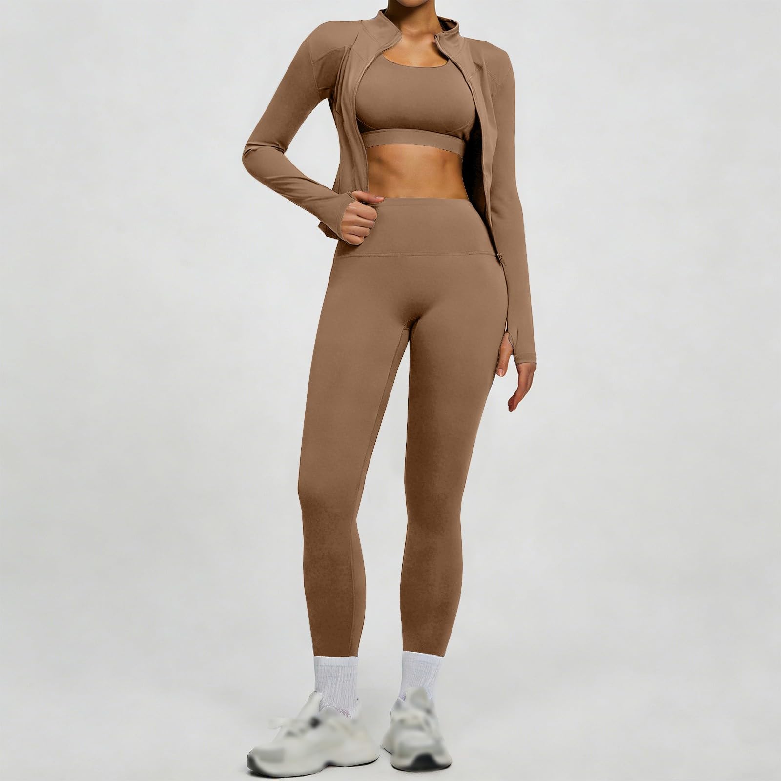 Set da palestra da donna, 2 pezzi, a maniche lunghe, con cerniera, con leggings nascosti, set da allenamento a vita alta, leggings morbidi e aderenti, per pilates, yoga, jogging, abbigliamento
