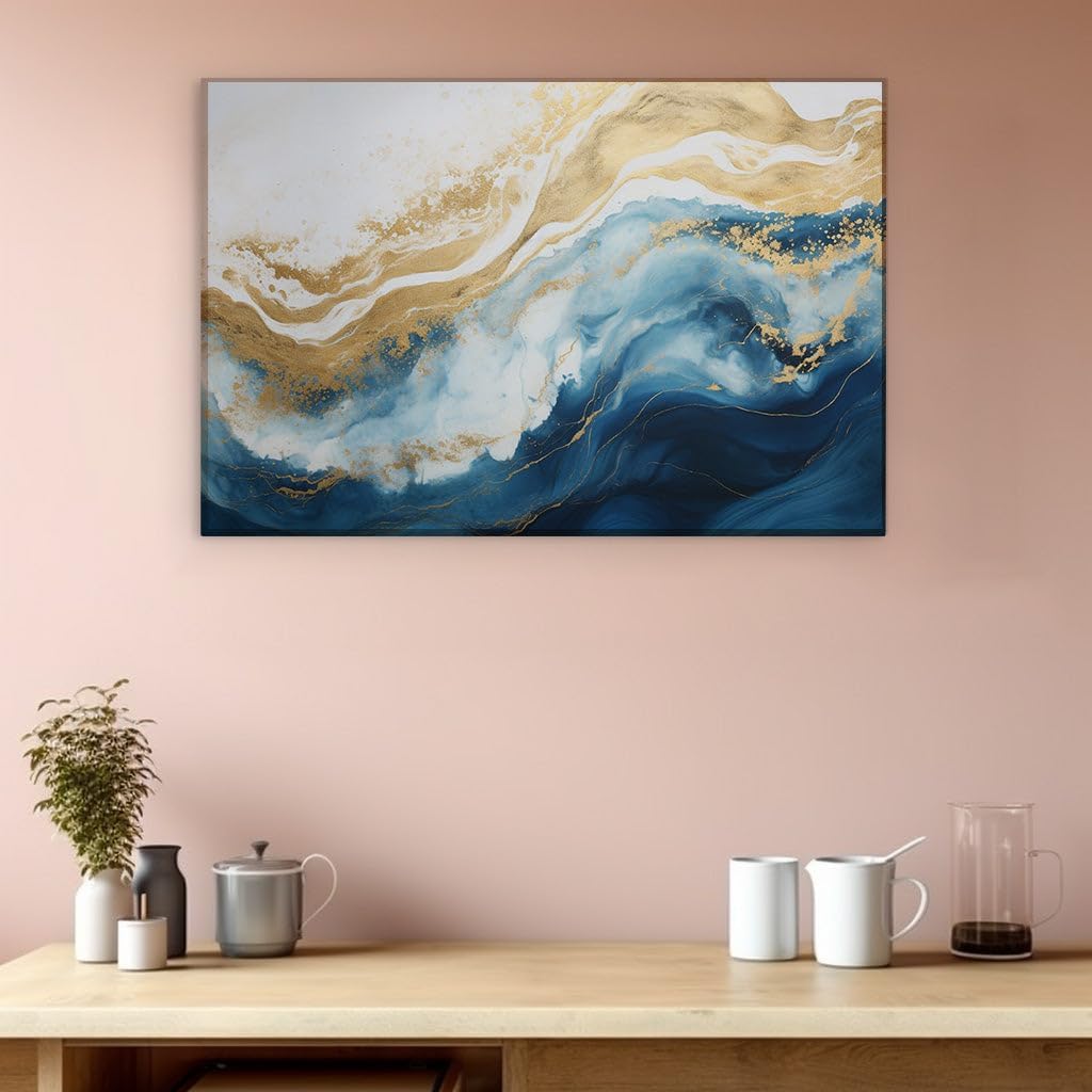 Canvas for Living room. Elegance Upon the Waves A Symphony in Blue, Gold, and White, 27 x 18 inch Canvas Wall Art - Contemporary Masterpieces - Modern Home Decor