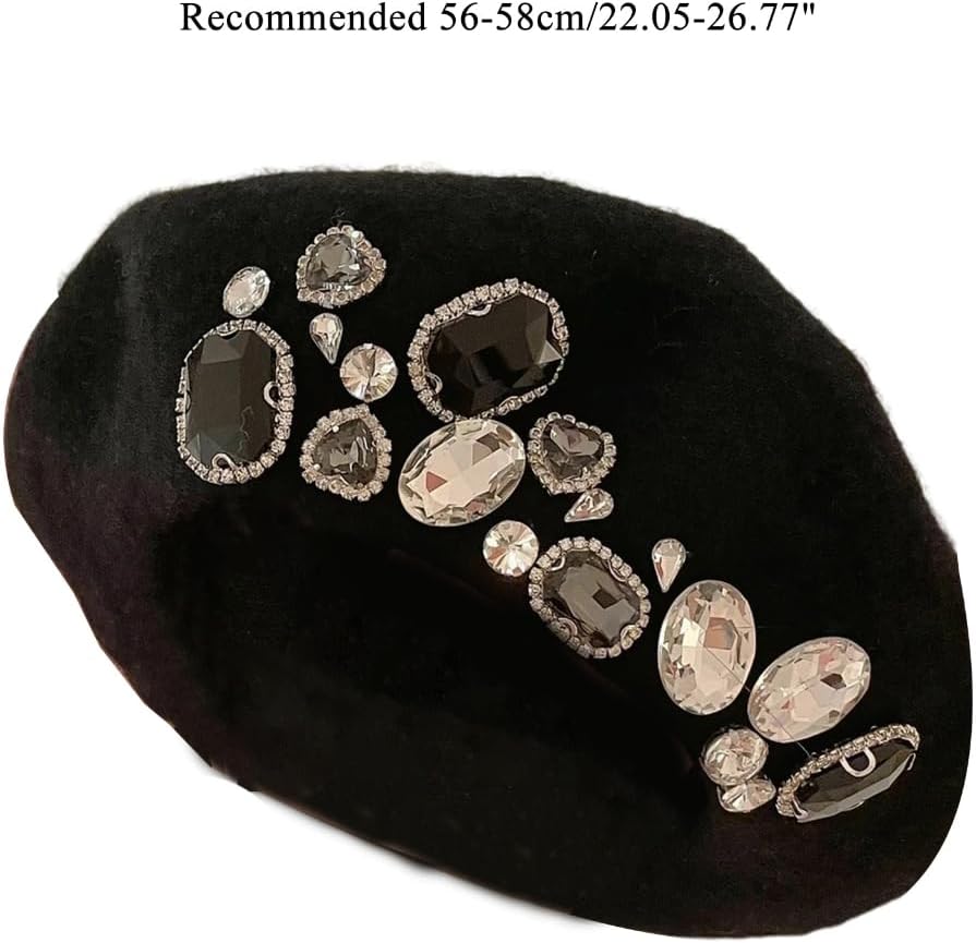 Rhinestone Beret Hat All-Match Newsboy Hat Painter Hat Women Slouchy Beret French Beret Hat for Square Face Round Face Black