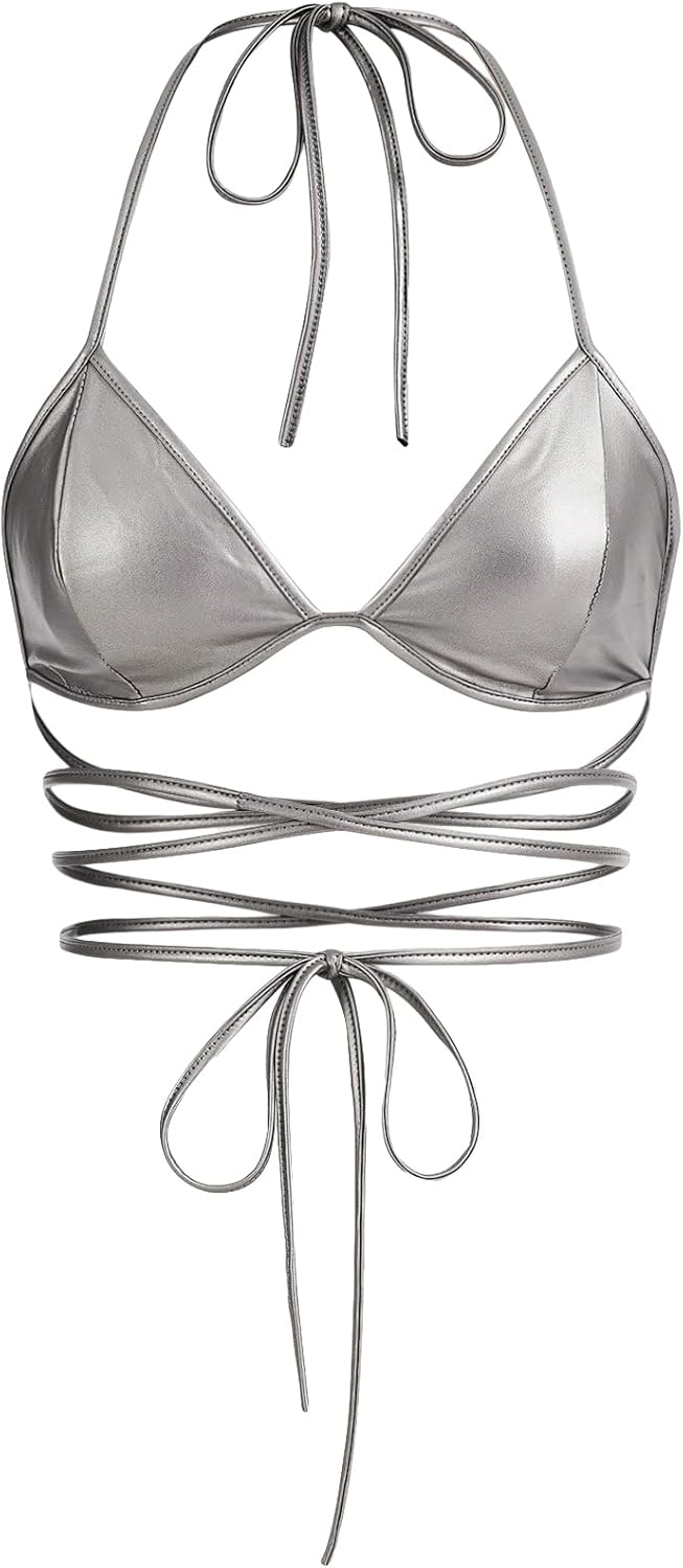 Verdusa Women's Y2K PU Leather Backless Criss Cross Tie Sleeveless Halter Crop Top