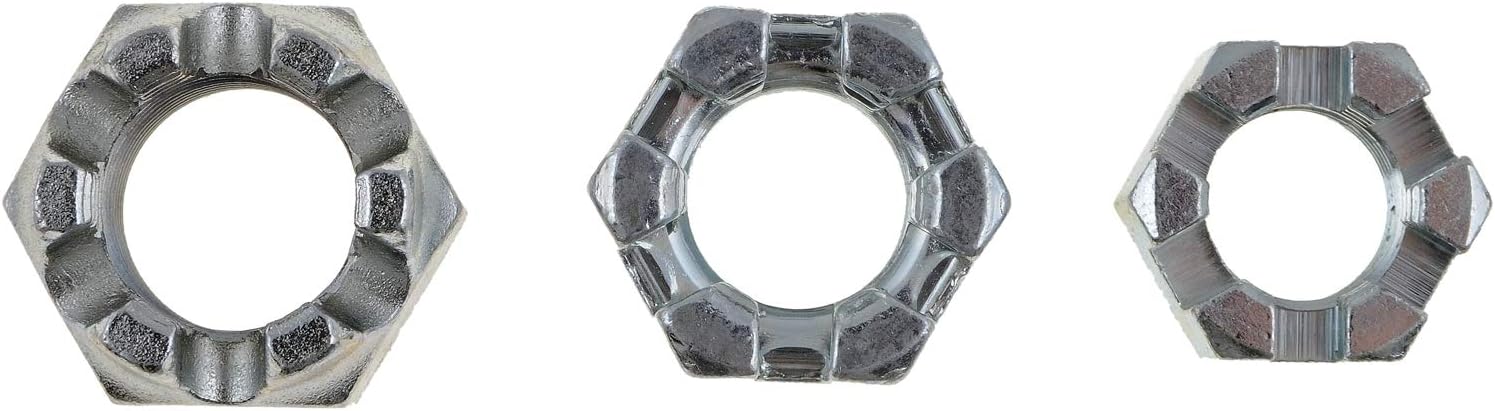 Top-down view of three Dorman Slotted Hex Nuts
