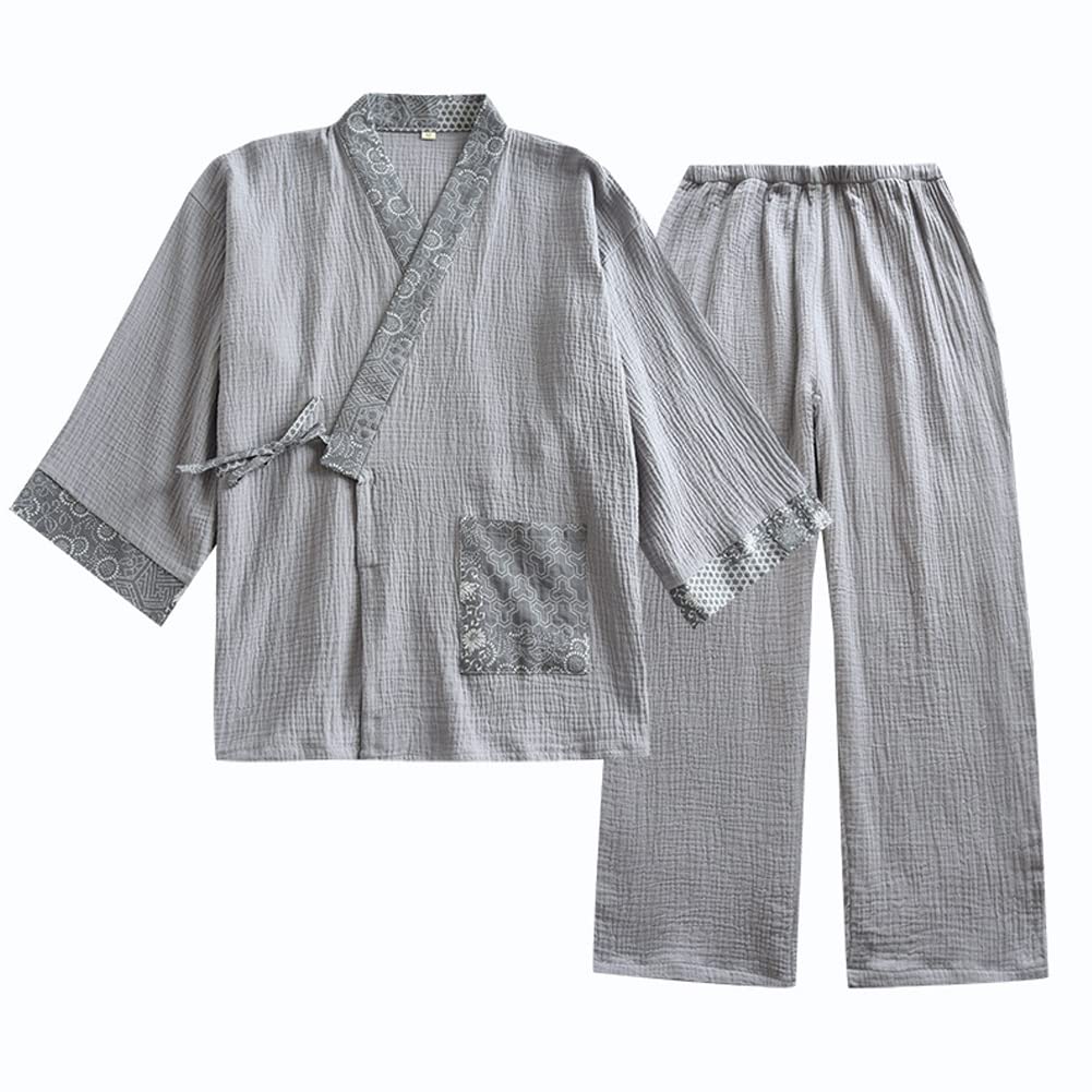 Kinmbra Men's Color14 Un-Brand Japanese Kimono Double Gauze Cotton Pajamas Suit Plus Size Zen Clothing Taoist Clothing (Size Xl, A4)