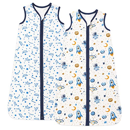 Image of DaysU Cotton Baby Sleep Sack, Sleeveless Baby Sleeping Bag with Two-Way Zipper, Embroidered and Printed Baby Wearable Blanket for Newborn Baby Unisex 0-6 Months, 2-Pack, Blue Space, 0.5 TOG