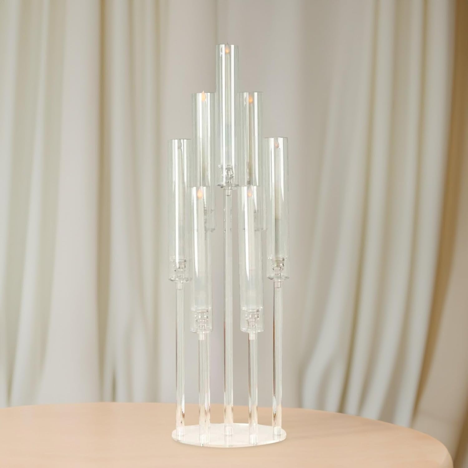 Clear 33 in Round 7 Arm Acrylic Cluster Taper Candle Holder Candelabra - Wedding Reception Party Dining Table Home Decorations