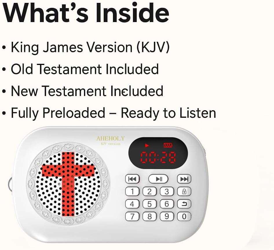KJV Audio Bible Player – Portable Electronic Bible Device, Offline Rechargeable Scripture Player with Simple Buttons for Seniors & Home Use, White