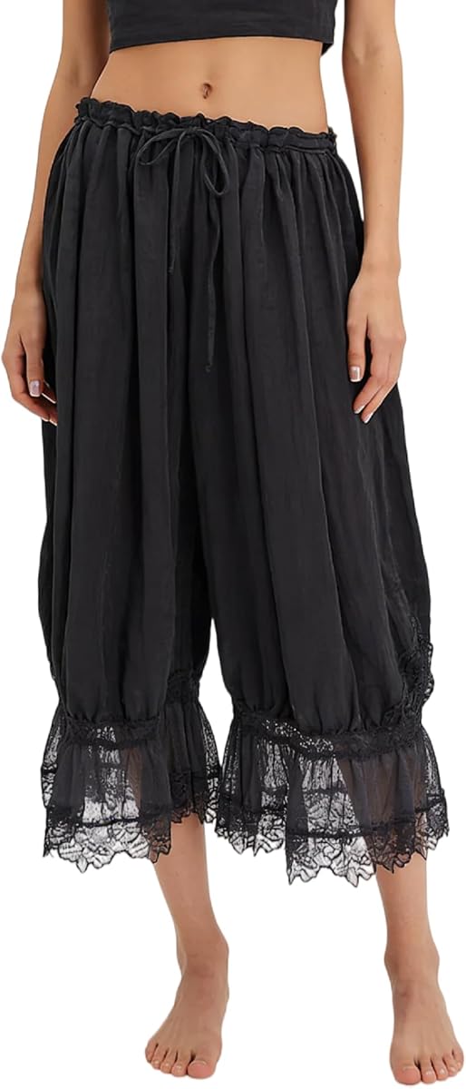 NUFIWI Women Ruffle Long Bloomers Y2k Lace Trim Bloomer Pants | Pettipants, Pantaloons, Lace Pants, Ruffled Hem, Slip, Mid Rise Cropped Pajama Bottoms, Under Dress Slips, Culottes