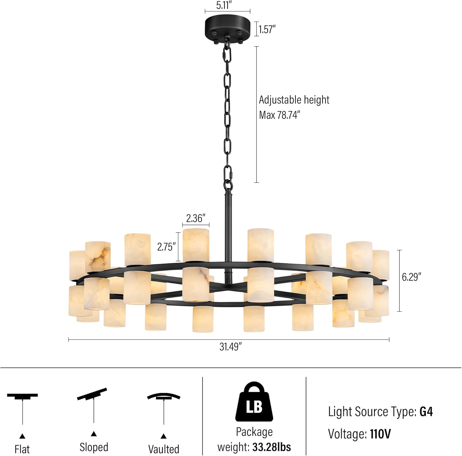 Alabaster Round Chandelier, Natural Spanish Stone Texture Chandeliers, D31in Round Chandeliers for Dining Room Chandelier Light Fixture for Kitchen Living Room Foyer Entryway Hallway (Black)