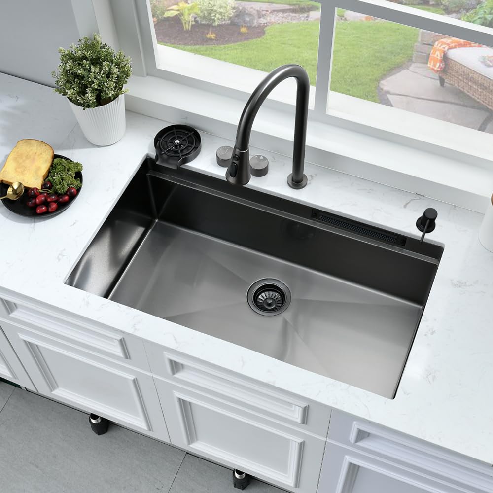 33 Inch Black Waterfall Kitchen Sink Undermount Workstation-Bokaiya 33x19 Undermount Black Stainless Steel Kitchen Sink with Waterfall 16 Guage Multifunction Single Bowl Sinks with Cutting Board