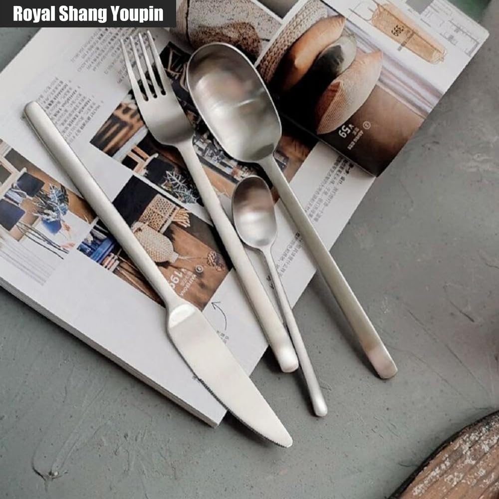 Vintage Matte Cucina Acciaio Inossidabile Posate Stoviglie Posate Coltelli Forchette Cucchiai Set Hotel Home Coltello Da Bistecca Cucchiaio Da Dessert (16 pezzi)