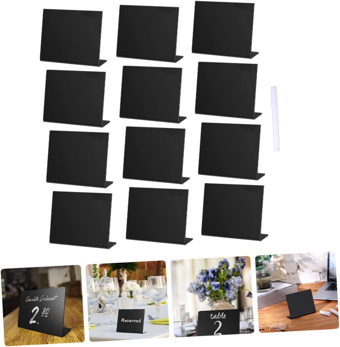 Mini Chalkboard Memo Blackboard Sign with Pen, 12pcs Black Acrylic Desktop Message Boards for Party Decorations and Home Counter Display