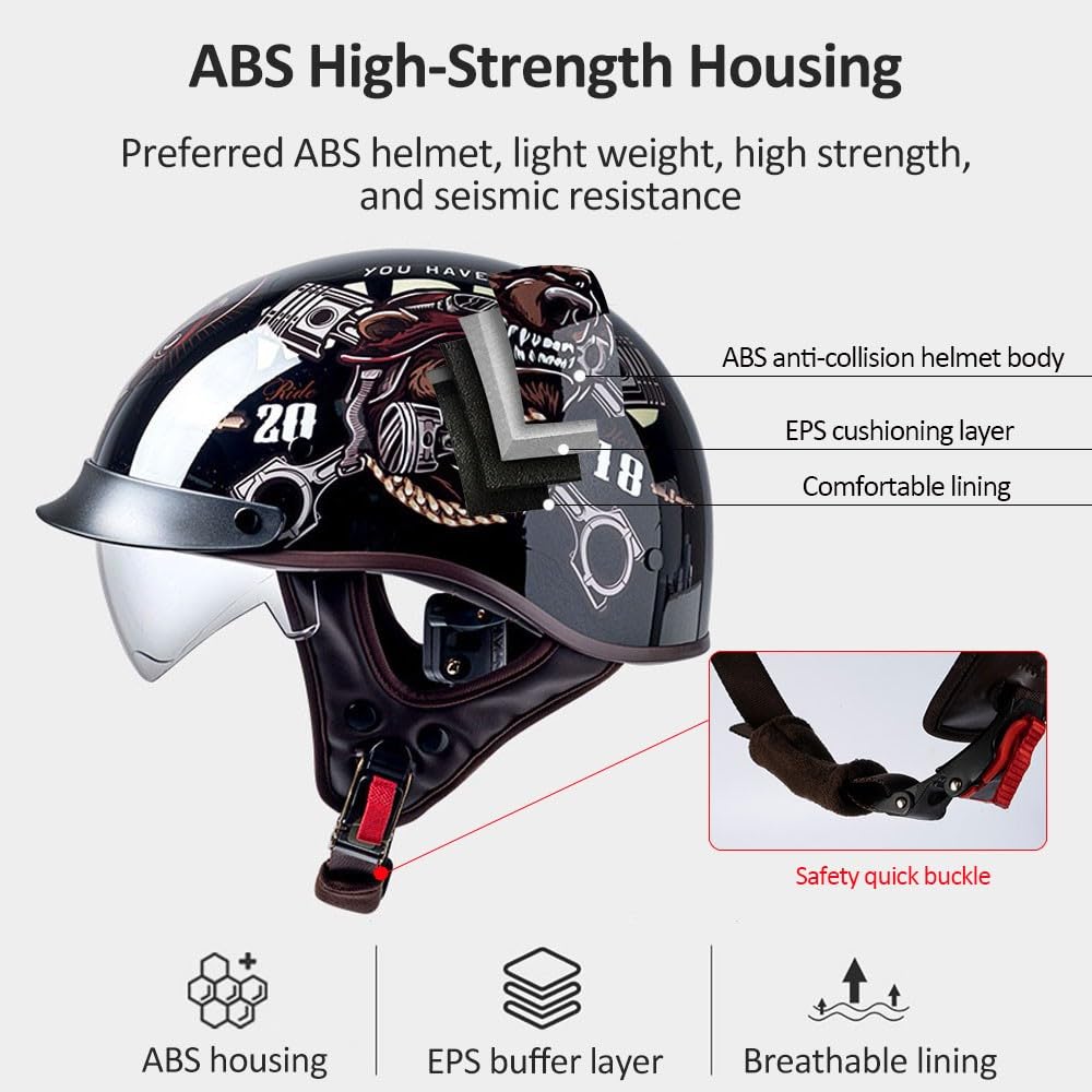 German Style Motorcycle Half Face Helmet ECE 2206 Approved Cap Half Shell Helmet, Half Open Helmet with Adjustable Quick Release Buckle Cap Half Shell Helmet for Bicycle Cruiser : Automotive