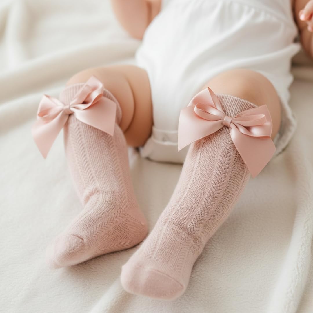HUNTSMANS ERA Cotton Baby Girl Knee High Bow Princess Socks, Soft and Breathable (Pack of 4) (IN, Age, 12 Months, 24 Months, MULTICOLOR-A)
