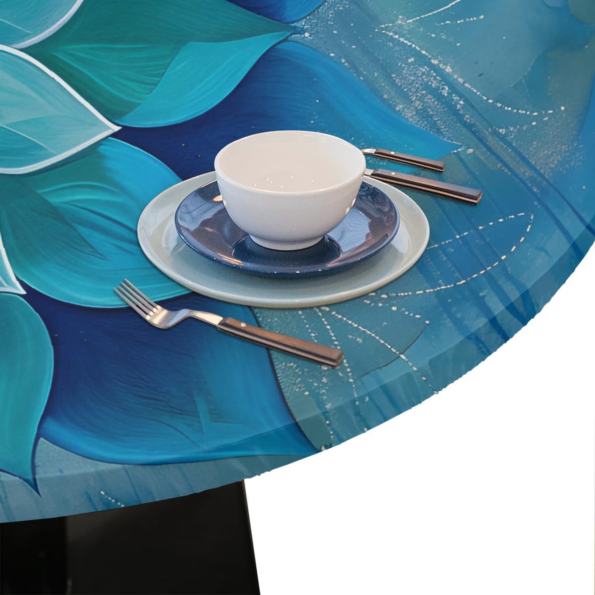 Pardick Teal Flower Round Fitted Tablecloth Mandala Floral Round Table Cover with Elastic Waterproof Wipeable Circle Outdoor Table Cloths for Party Patio Kitchen Decor Fit 45"-50" Tables Pad