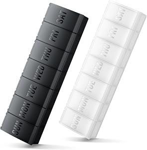 Large Pill Organizer 2 Pack, Easy-Open Weekly Pill Organizer , XL Daily Pill Organizers, 7 Day Medicine Pill Organziers, Pill Box 7 Day for Large Vitamin Supplements, Pill Case Blue+Cyan (Black + White)