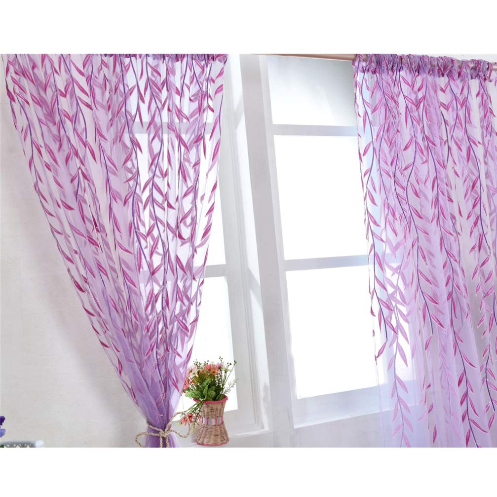 WINOMO Salix Foglia Modello Della Finestra Salice Pannelli Della Finestra Tende Tende Pura Voile Tulle per Soggiorno Camera Da Letto Balcone 106X39 Pollici (1 pz, Viola)
