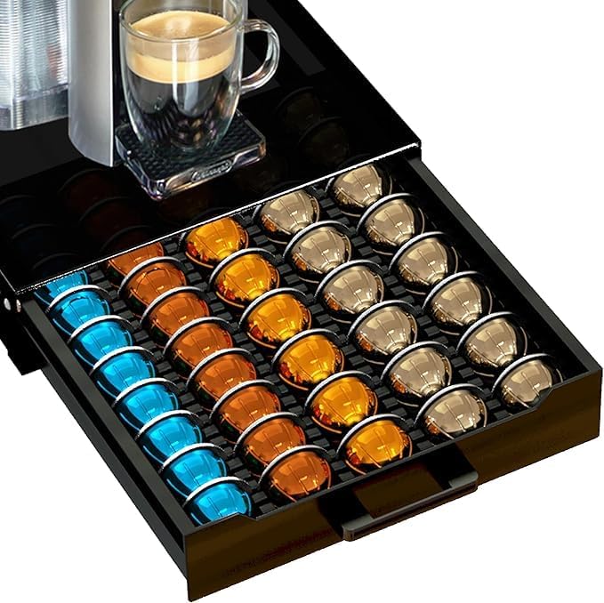 Pods Holder Drawer with Stainless Steel Top, Coffee Pod Organizer for 50 Large or 75 Small Capsules, Space Saving Coffee Bar Organizer for Countertop (Black)