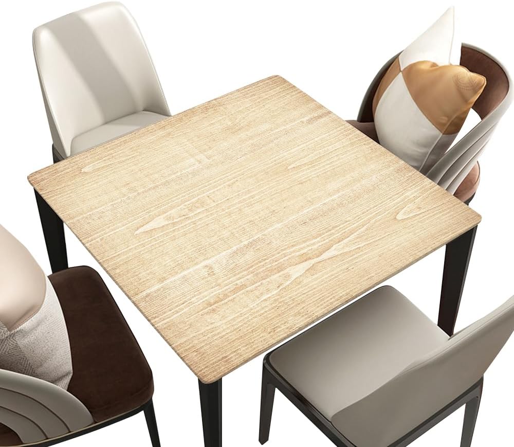 Fitted Square Tablecloth, Elastic Edged Table Cover, Light Colour Retro Wood Texture Background, for Events, Kitchen, Dining Room Decor, Suit for 60"x60" Square Table