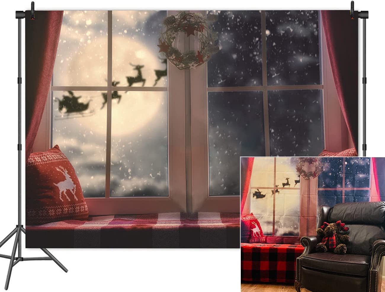 Fanghui Christmas Photography Backdrops Winter Snowflake Pillow Window Photo Santa Moon Backdrops Xmas Holiday Party Decoration Studio Props Banner