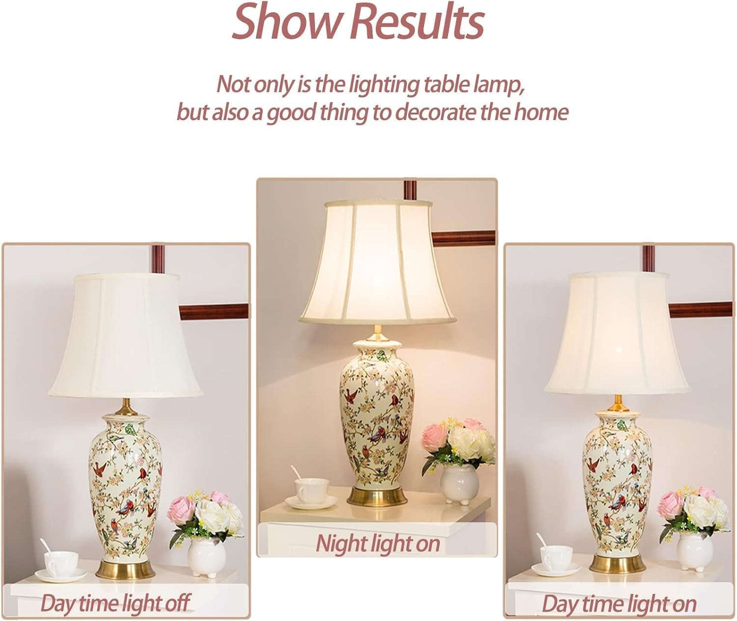 Kwiat i ptak ceramiczna lampa stołowa Chinoiserie biurko, tkanina bęben abażur, złota podstawa dekoracja sypialnia przy łóżku biuro