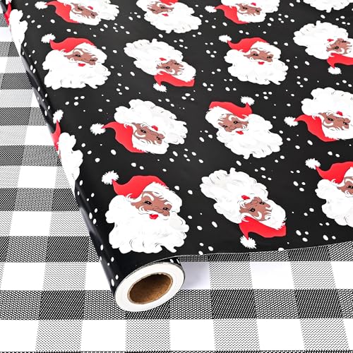 Vnaaem Reversible Afican American Christmas Wrapping Paper for Men Women - Black Santa & Bufflao Plaid Pattern Gift Wrap for Holiday Birthday Party Baby Shower (Afican American Xmas 17 In X 16.5 Ft)