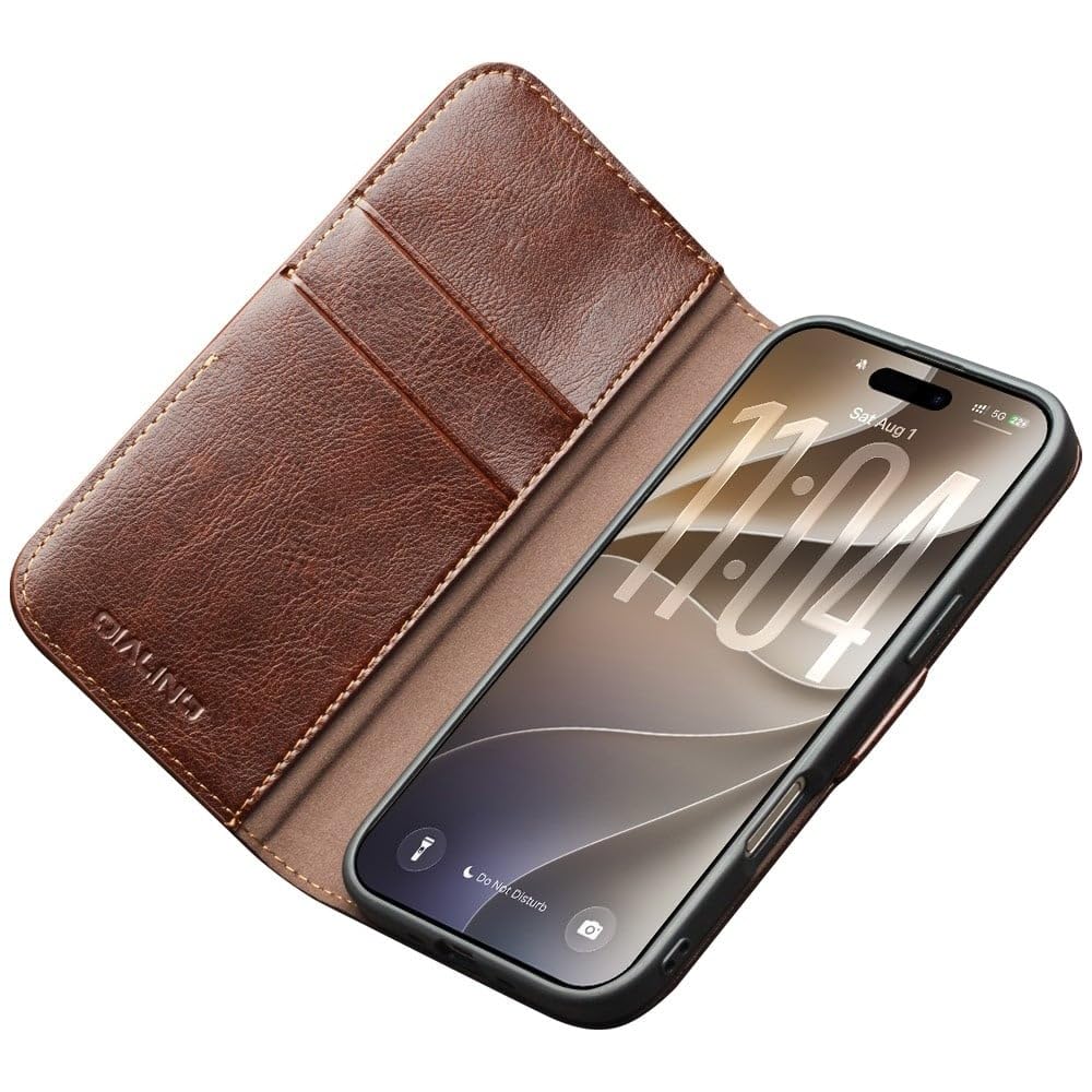 Qialino Compatible avec iPhone 18 Pro Max/Compatible avec iPhone 17 Pro Max Étui - Étui à rabat en cuir - Fermeture magnétique - Marron foncé