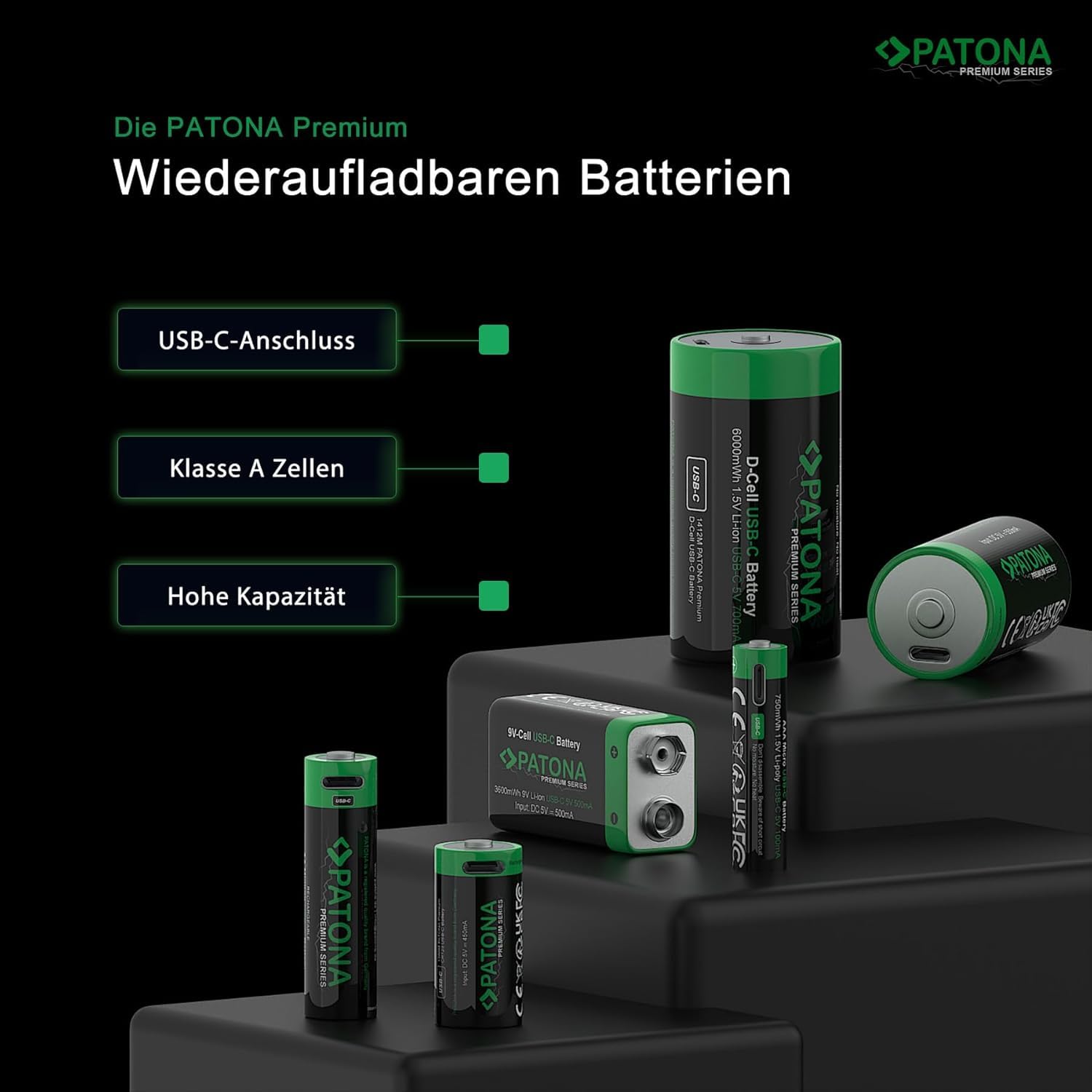 PATONA Lot de 2 Piles de détecteur de fumée USB-C 9 V / 3,6 Wh/Rechargeable Via USB-C (500 mA), câble de Charge USB-C avec 2 Ports - 1413