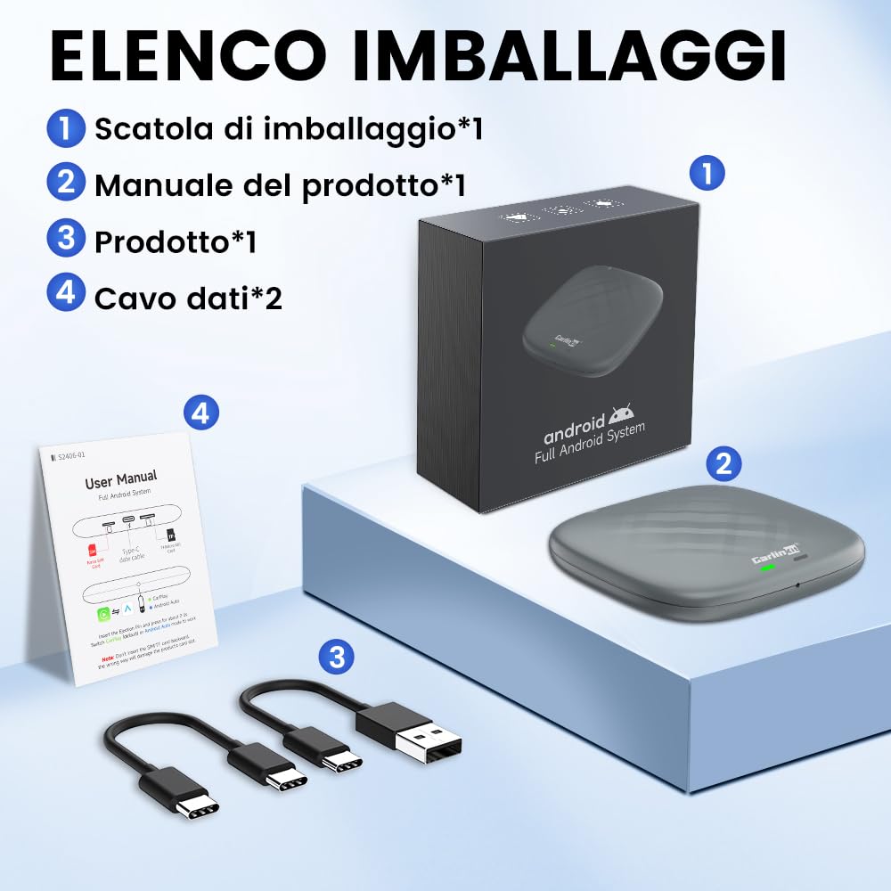 CarlinKit Multimedia 3 in1 AIBox Android 13.0 System Wireless CarPlay Adapter, per auto con cablato CarPlay/Android Auto, supporta Netflix YouTube ect