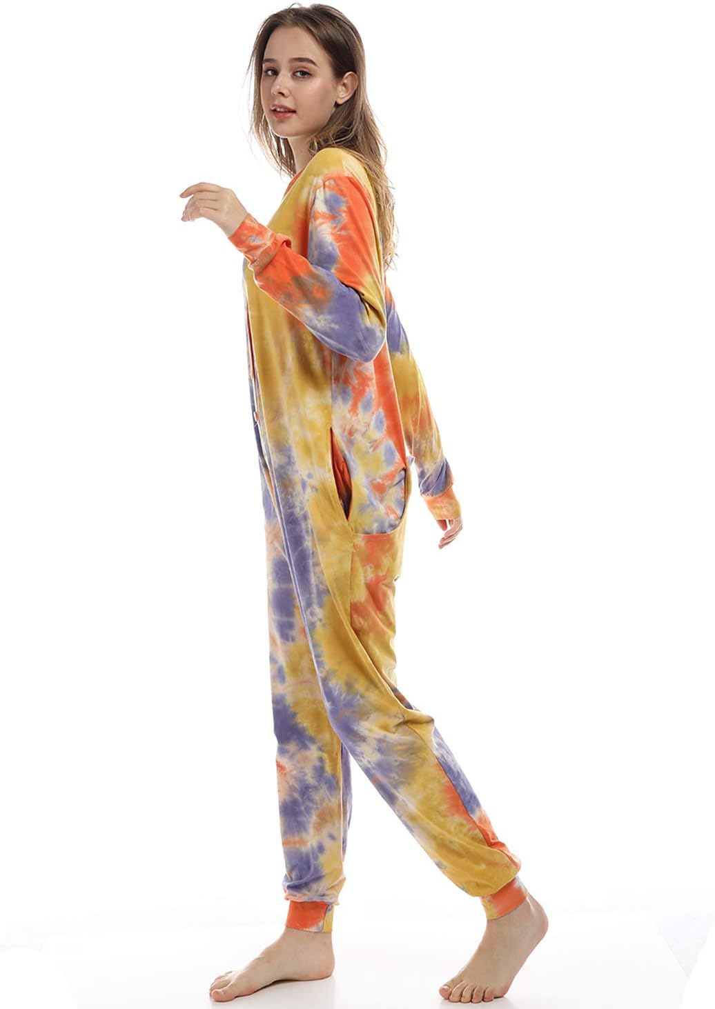 Lifeye Womens Onesie Pajamas Romper Sleepwear Set Tie Dye Long Sleeve Jumpsuit Homewear with Drop Seat Butt Flap - Image 5