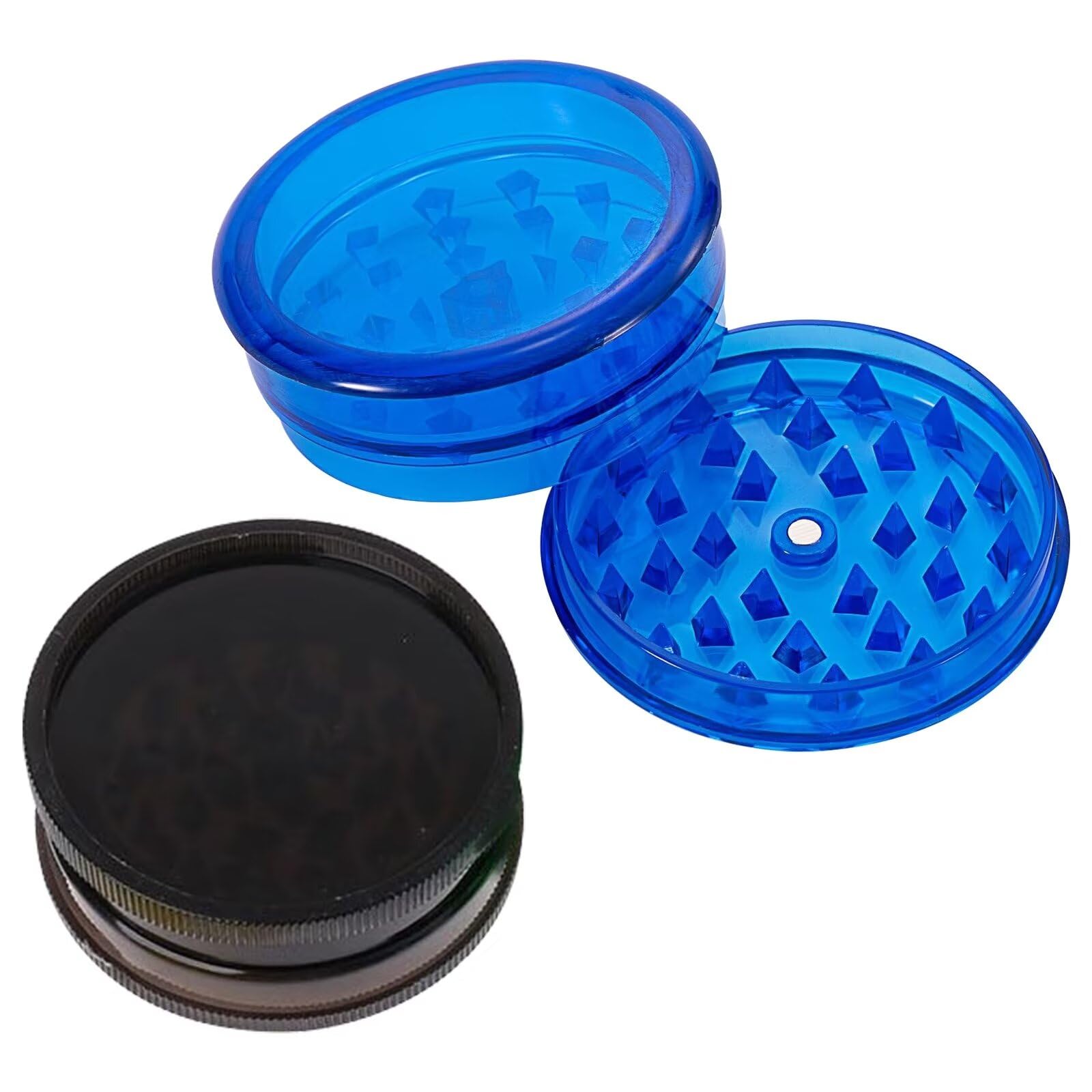 WOLMIK Plastic Grinders - 2 PCS Plastic Herb Grinders, 3 Part Reusable Plastic Salt Herb and Spice Grinder with Magnetic Lid and Shark Teeth, 60 mm Portable and Pocket Size Herbal Mills - Black & Blue