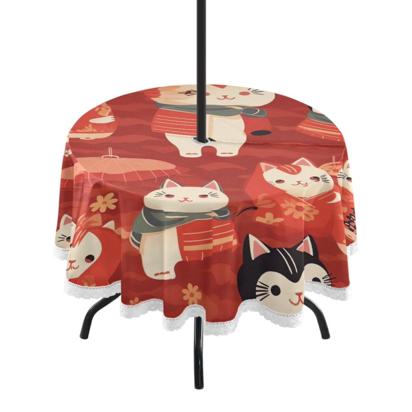 Wajiw 60 Inch Indoor Outdoor Round Tablecloth with Umbrella Hole and Zipper Waterproof Patio Table Cover for Camping Dining Room Party Outdoor Picnic,Cats