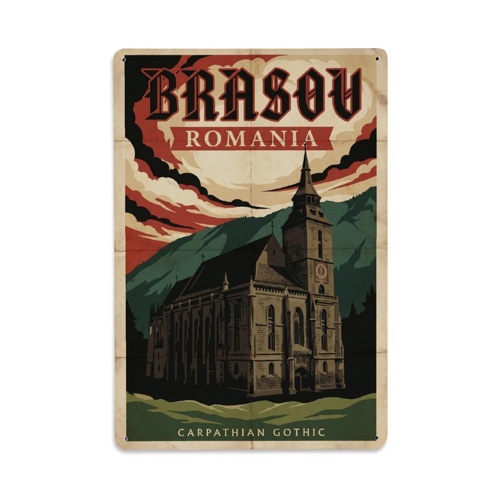 Travel Retro Romania Brasov Metal Tin Sign Plaque Wall Decor for Cafe, Club Bar, Office, Garden Metal Poster 8x12Inch